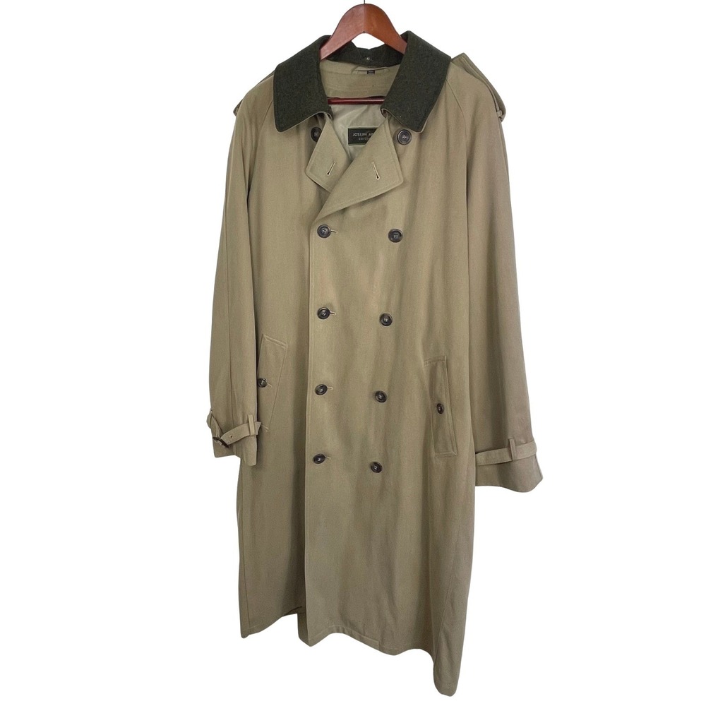 Joseph Abboud Mens Double Breasted Tan Long Trench Coat Removable Wool Liner 44L